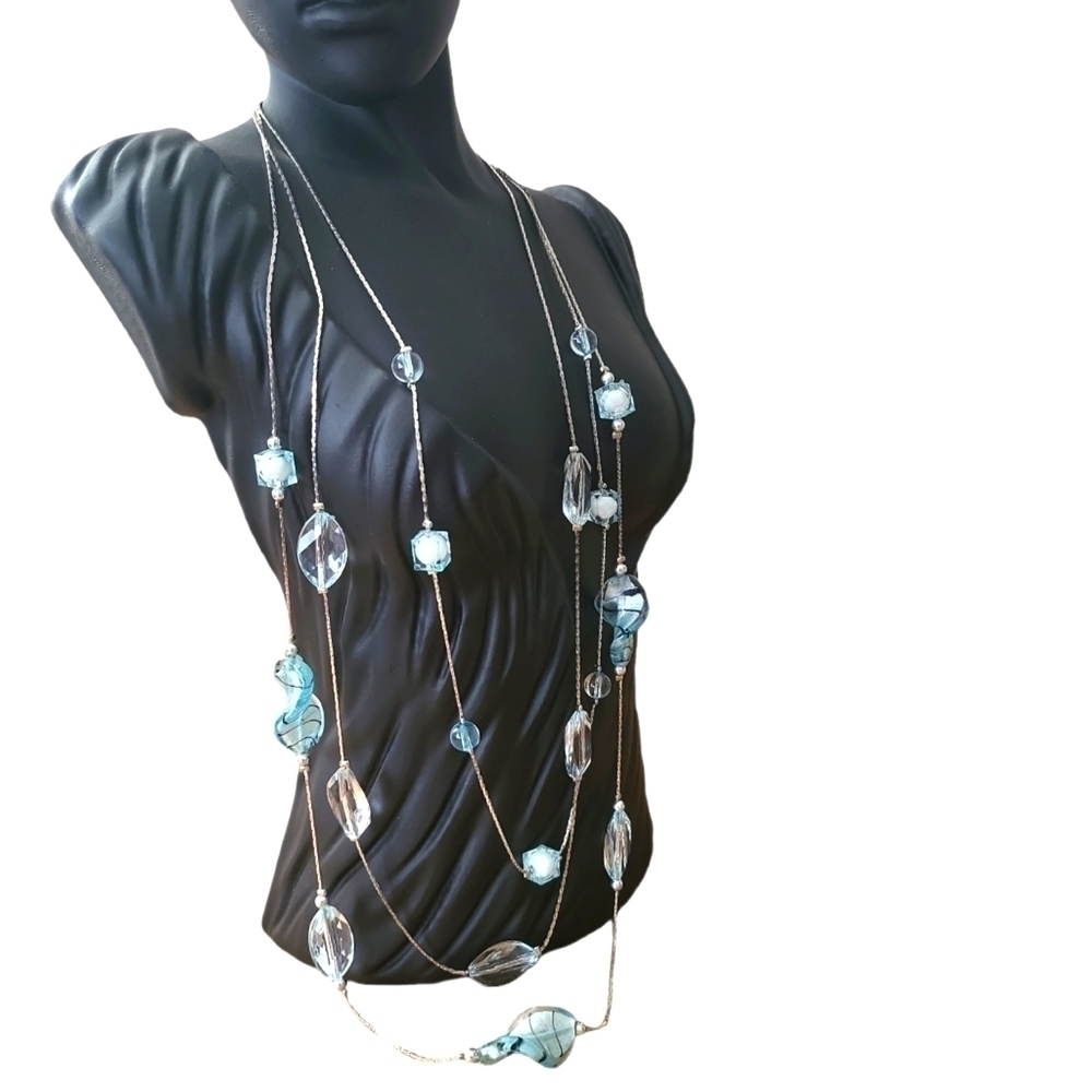 Illusion Necklace 3 Strands Aguamarine Beads on Silvertone Chain